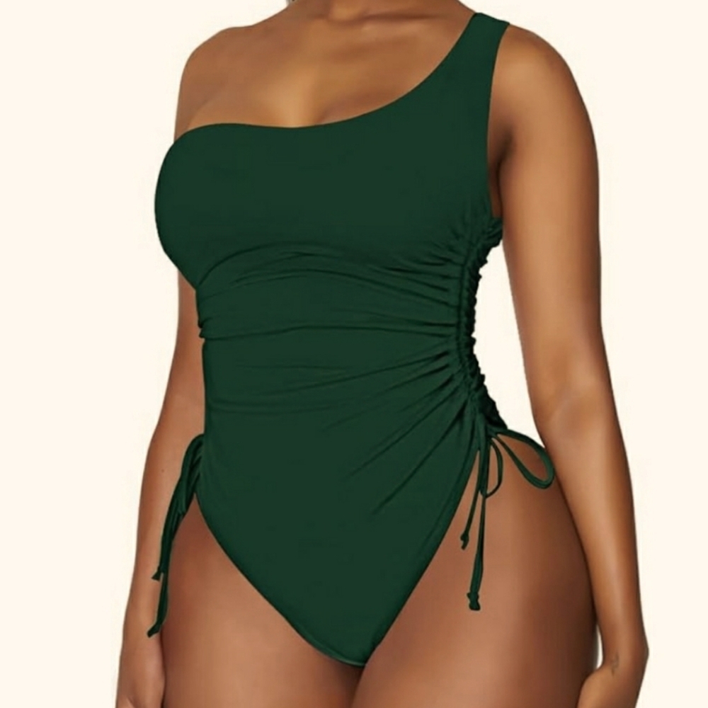 Viottiset One Shoulder Ruched Tummy Control High Cut Army Green Swim Suit SZ XL